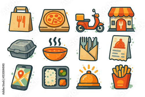 Colorful food delivery icons: pizza, scooter, takeout, mobile app