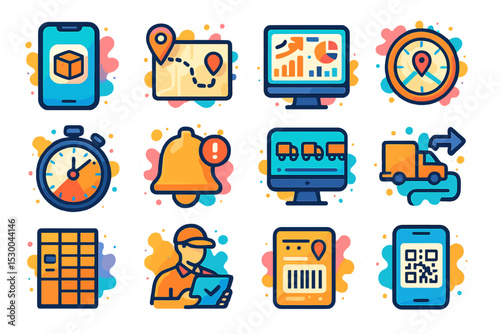 Colorful delivery and logistics icons with tracking and gps elements