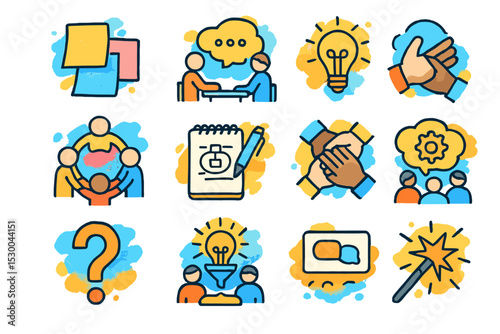 Colorful doodle icons representing creativity, collaboration, and communication