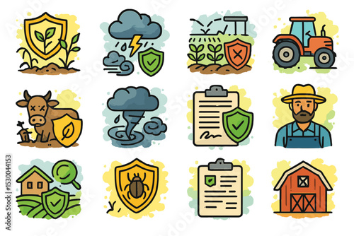 Agricultural safety and protection icons: weather, crops, farm animals, equipment