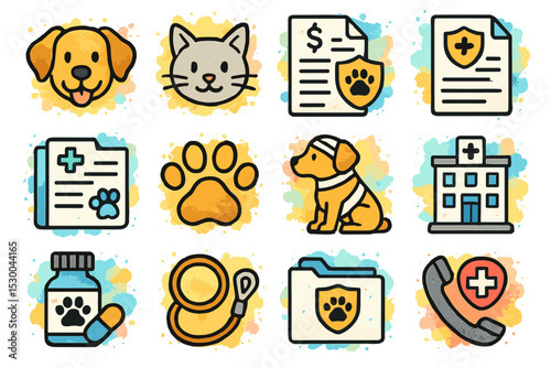 Cute pet care icons featuring dog, cat, vet, and medical symbols