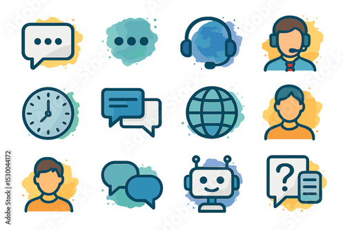 Customer service icons set with chatbots and support agents