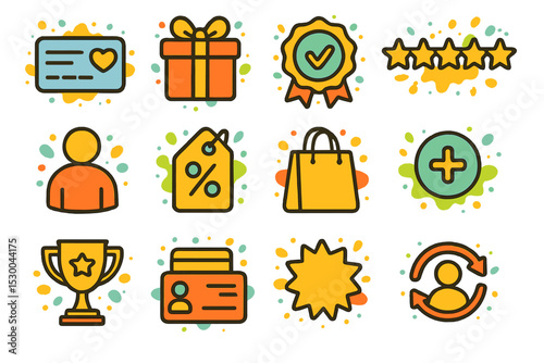 Colorful shopping icons including gift, badge, stars, trophy, and bag symbols