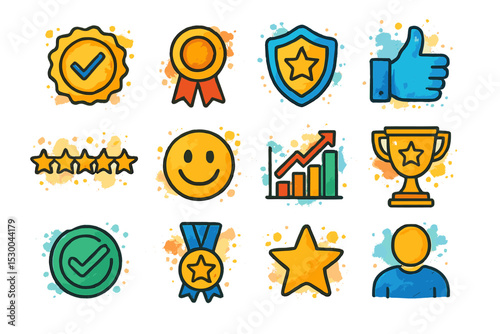 Colorful achievement icons set: badges, trophies, stars, and more