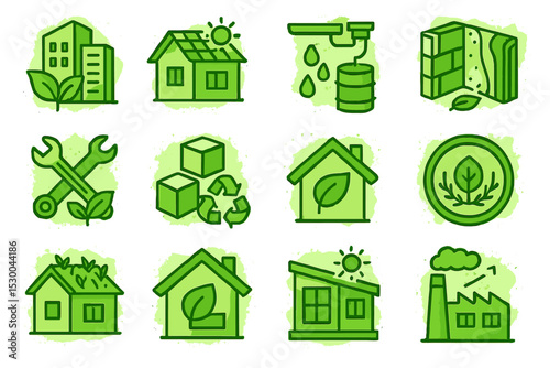 Eco-friendly buildings and sustainable living icons on green background