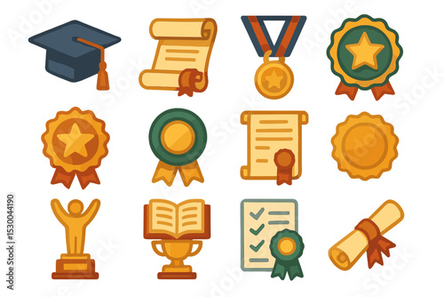 Colorful academic and achievement icons - diploma, medal, trophy, certificate