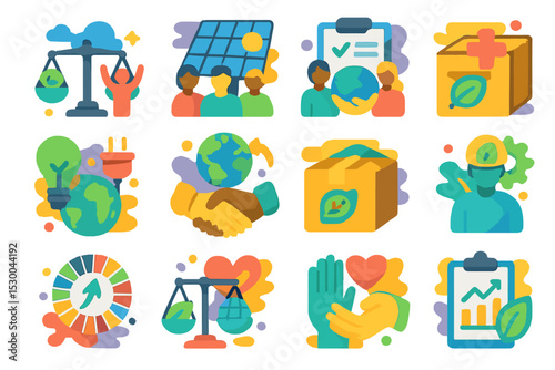 Sustainable development concepts illustrated in colorful icons