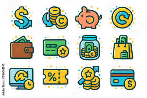 Vibrant financial icons: money, savings, wallet, card, shopping, payment