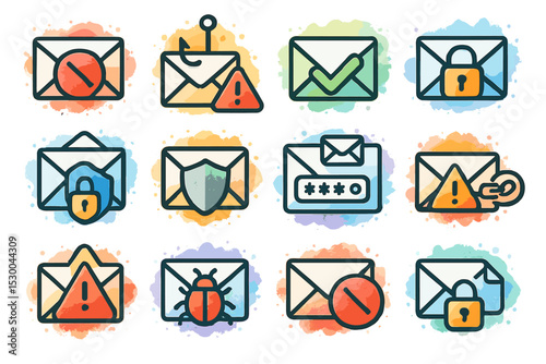Email security icons: lock, shield, alert symbols in watercolor style