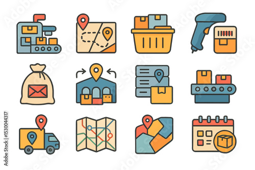 Logistics and delivery icons set featuring maps and packages