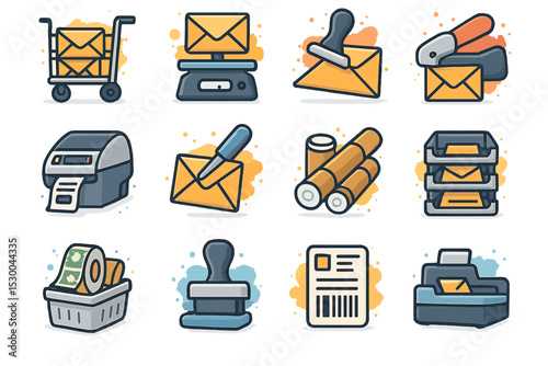 Office supplies and tools icon set for mailing and organization