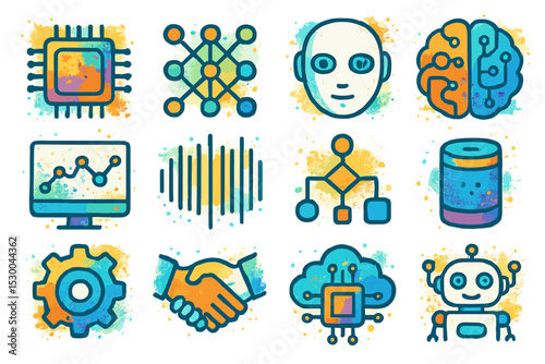 Ai and technology icons set featuring robots, brain, and circuit designs