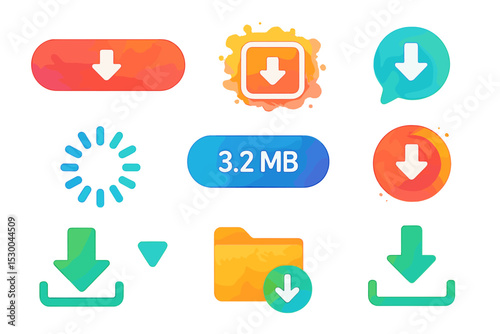Colorful digital download icons and symbols in watercolor style
