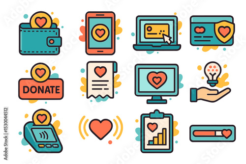 Colorful charity and donation icons with wallet, heart, and online elements