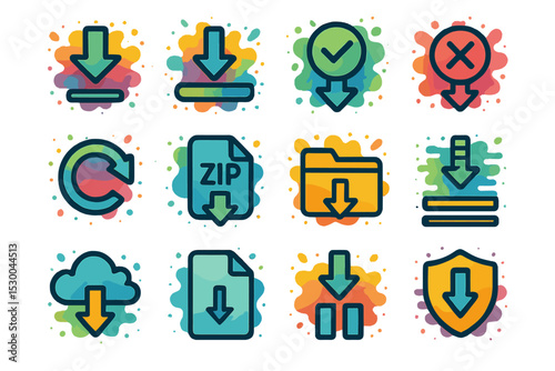 Colorful download icons set with cloud and file symbols on abstract background