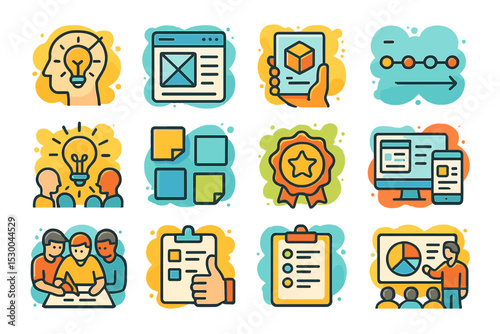 Creative teamwork and project management colorful icon set