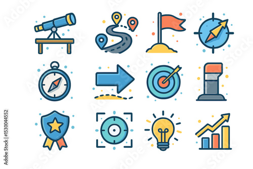 Colorful navigation and planning icons with telescope and compass