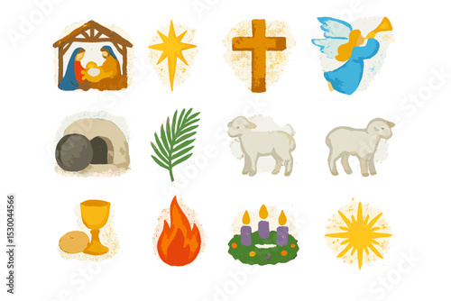 Twelve christian symbols: nativity, angel, cross, lamb, palm, chalice, candle