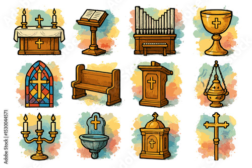 Diverse church objects collection featuring altar, organ, and chalice