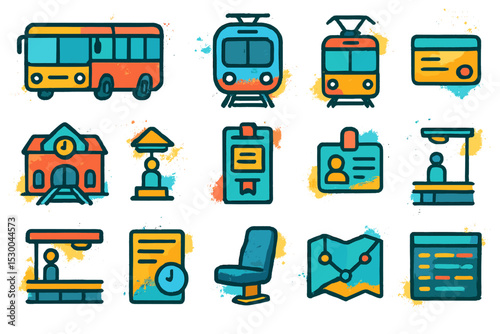 Colorful public transport and infrastructure icons on abstract background