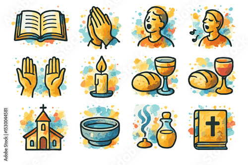 Religious symbols: prayer, worship, church, communion, bible, candle icon set
