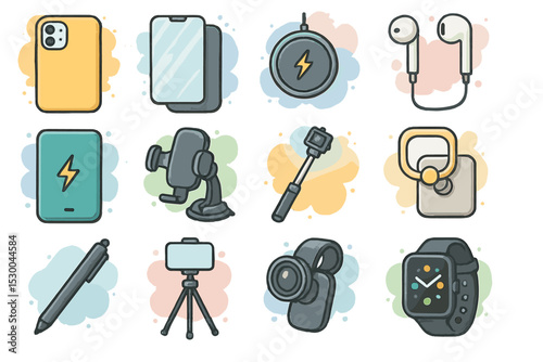 Colorful technology gadgets: smartphone, earbuds, smartwatch, charger, stylus