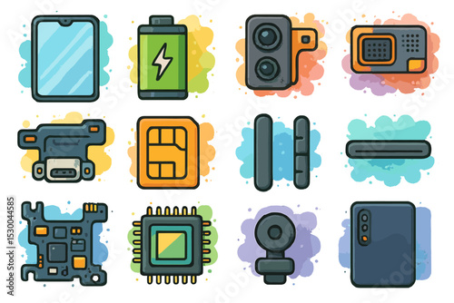 Colorful electronic device components icons set on gradient background