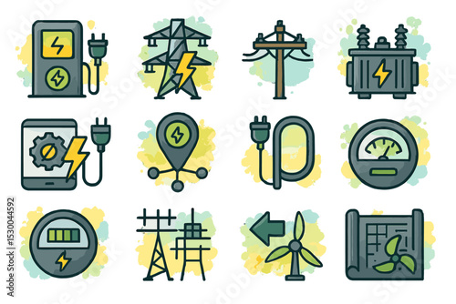 Energy sources and technology icons representing electricity and renewable power