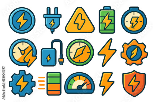 Colorful energy and power icons with lightning and battery symbols