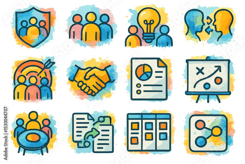 Collaborative teamwork and strategy icons in watercolor style