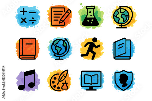 Colorful education icons: math, science, geography, art, music, literature
