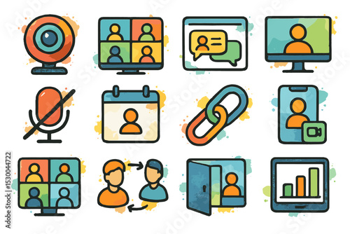 Colorful video conference icons with microphone, chat, and chart symbols