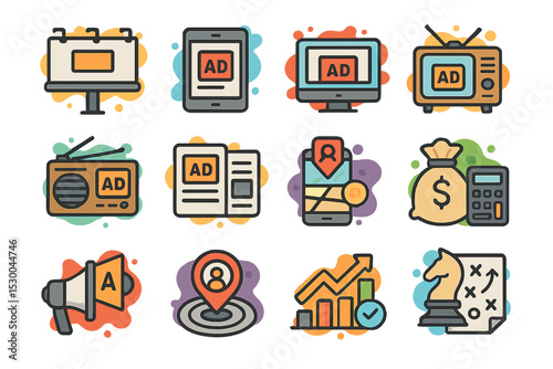 Colorful icons of modern advertising media and marketing strategy