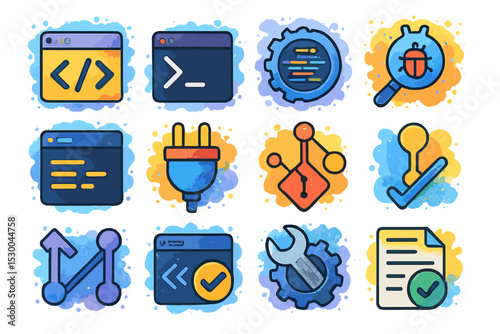 Colorful software development icons with tools and symbols