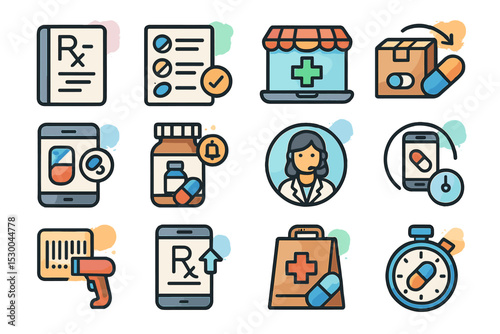 Healthcare icons: medication, pharmacy, doctor, delivery, prescription