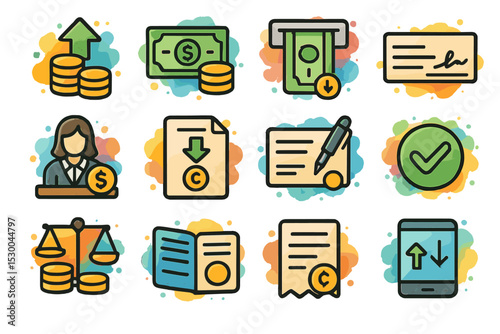 Banking and finance icons with colorful backgrounds