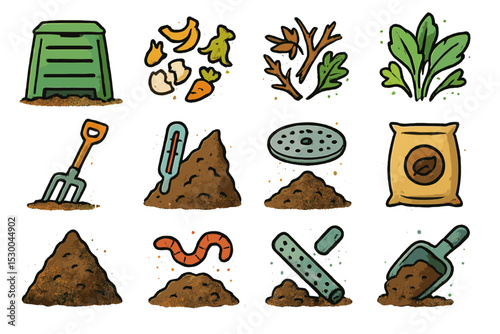 Illustrated composting elements: tools, food waste, soil, worms, fertilizer