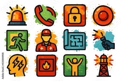 Emergency response icons set with firefighter, alarm, lock, and map symbols