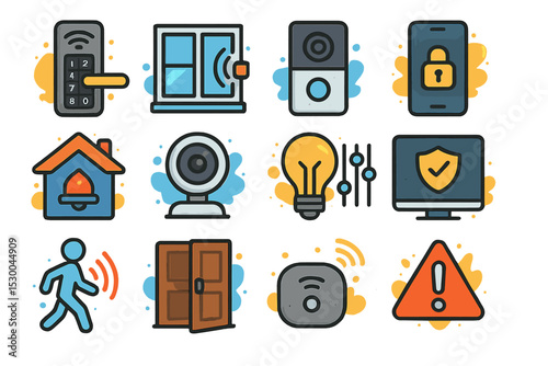 Smart home security icons - camera, lock, alarm, door, motion sensor, light