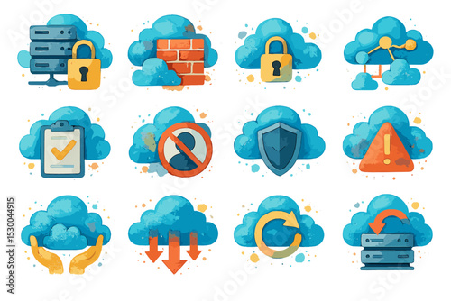 Cloud computing icons with lock, firewall, and network symbols