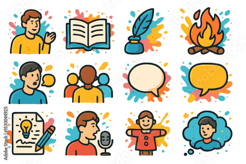 Colorful communication icons including book, fire, quill, speech bubbles, and people