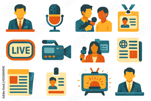 News reporting icons with microphones, reporters, cameras, and ids