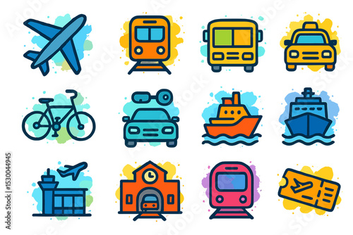 Colorful transportation icons featuring planes, trains, buses, ships, and cars