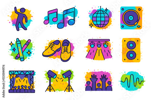 Vibrant music and dance icons with neon colors and party elements