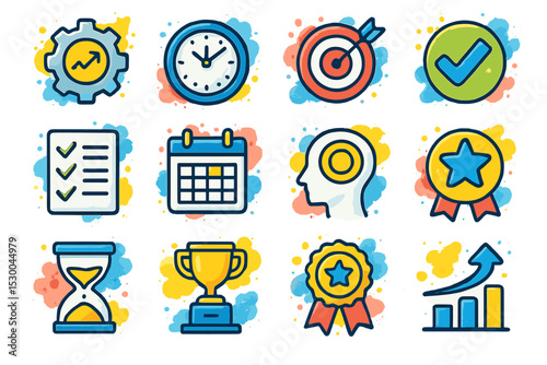Colorful productivity and achievement icons set on vibrant background