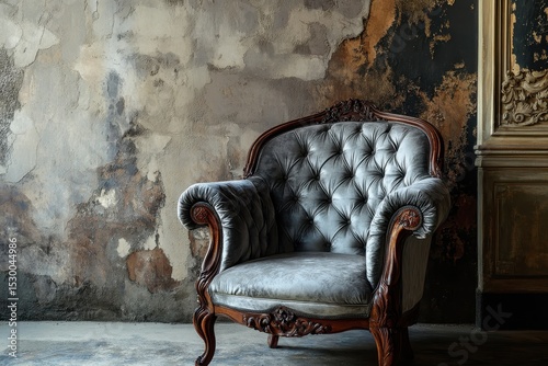 French Chair. Antique Armchair with Quilted Grey Seat and Intricate Carvings