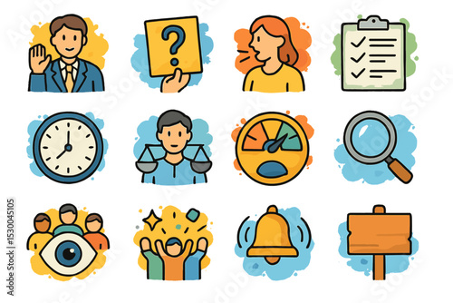 Illustrated icons: male, female figures, symbols, and objects