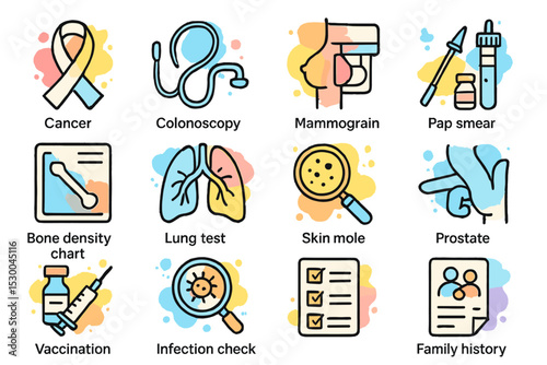 Colorful medical icons: cancer, mammogram, vaccination, prostate, lung test