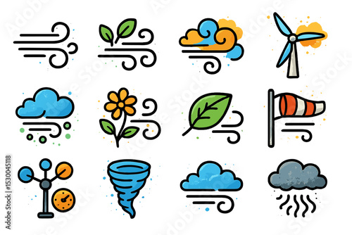 Stylized weather and nature icons featuring wind and cloud elements