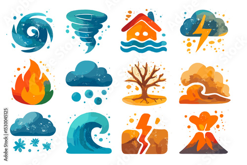 Colorful icons of natural disasters including storms, floods, and volcanoes